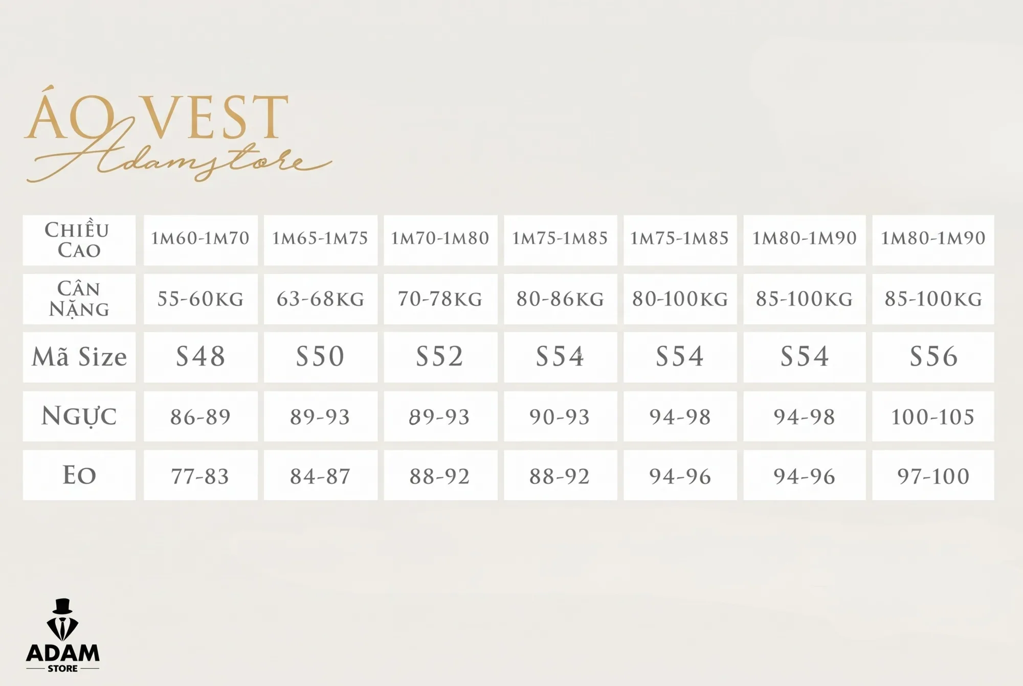 Bảng size Adam Store BẢNG SIZE ÁO VEST
