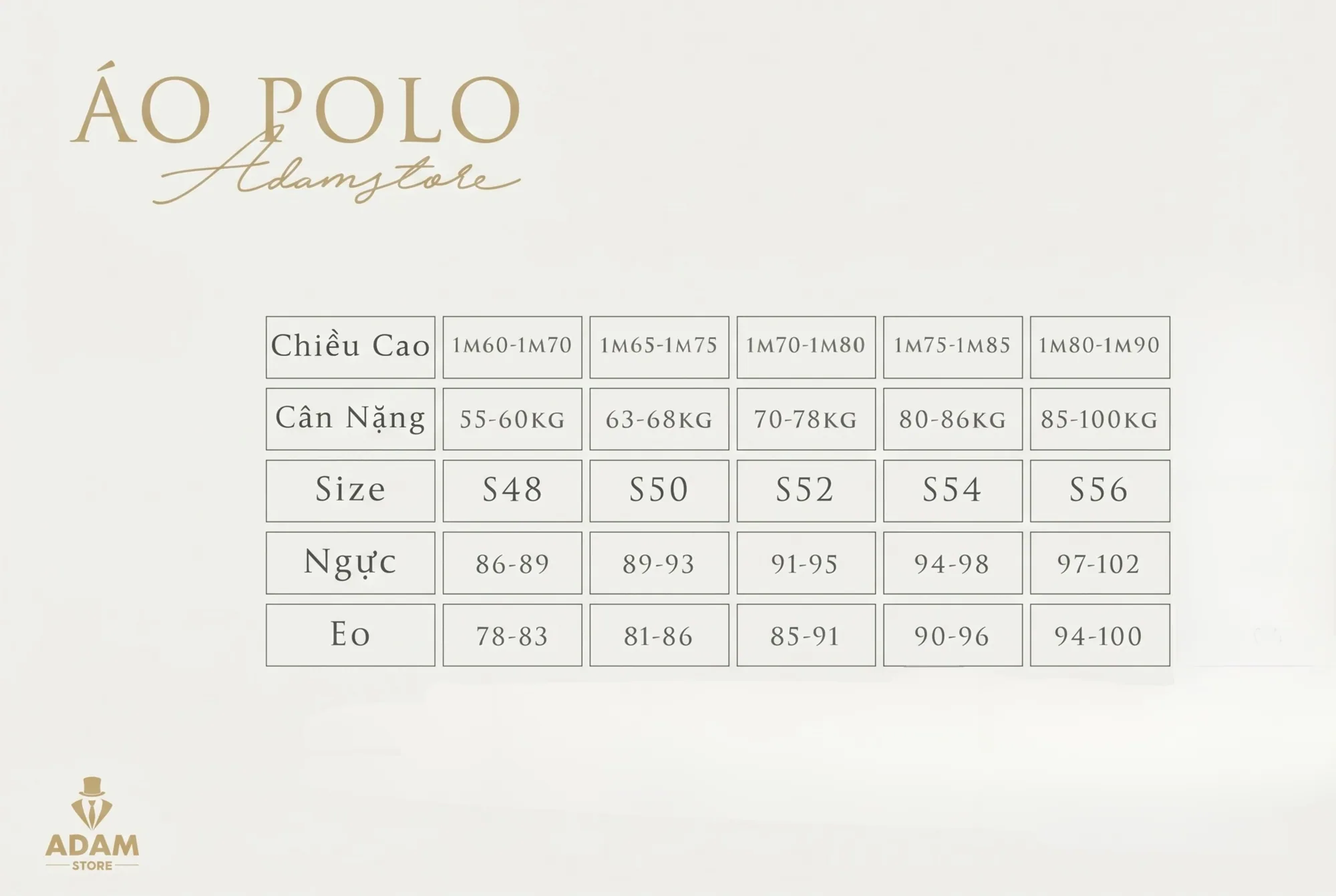 Bảng size Adam Store BẢNG SIZE ÁO POLO