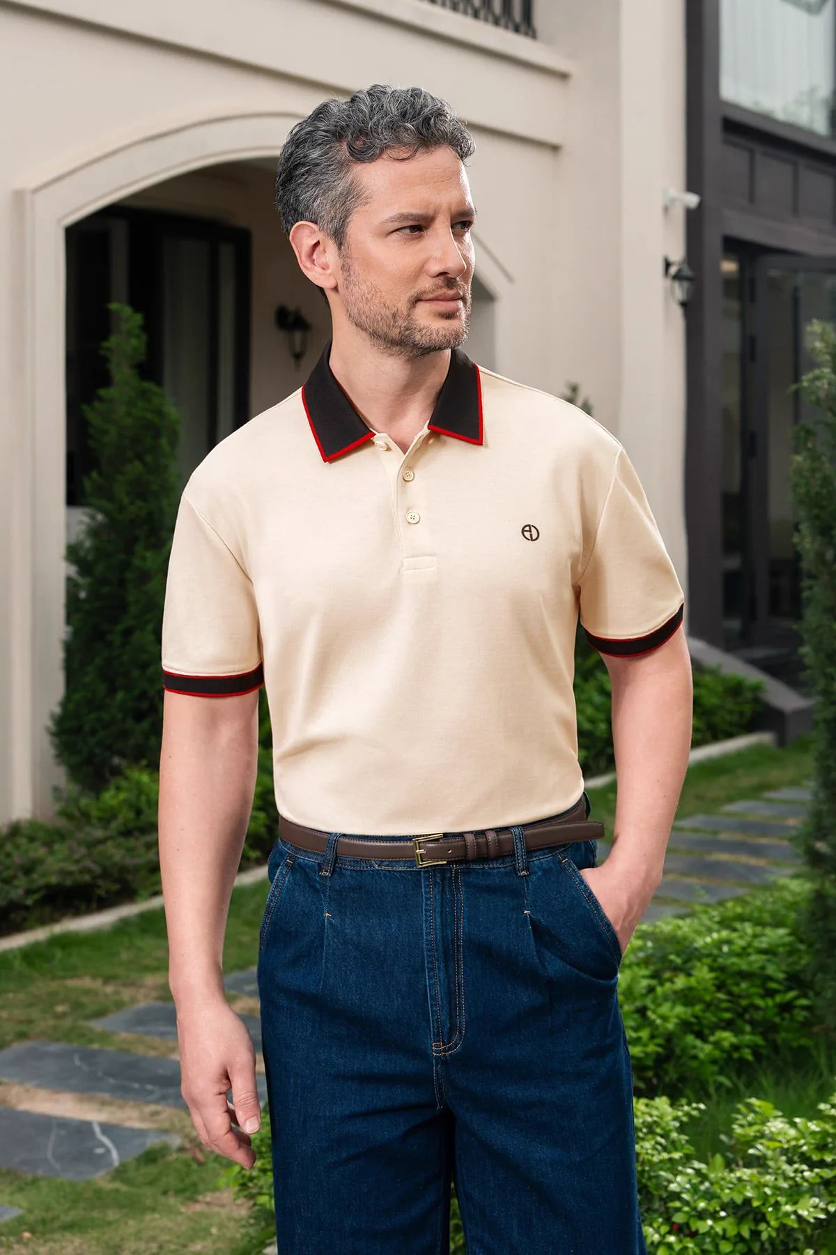 ÁO POLO NAM PHỐI MÀU BE, SỌC CỔ ÁO VÀ TAY - ADAM STORE AP448 - ảnh 4